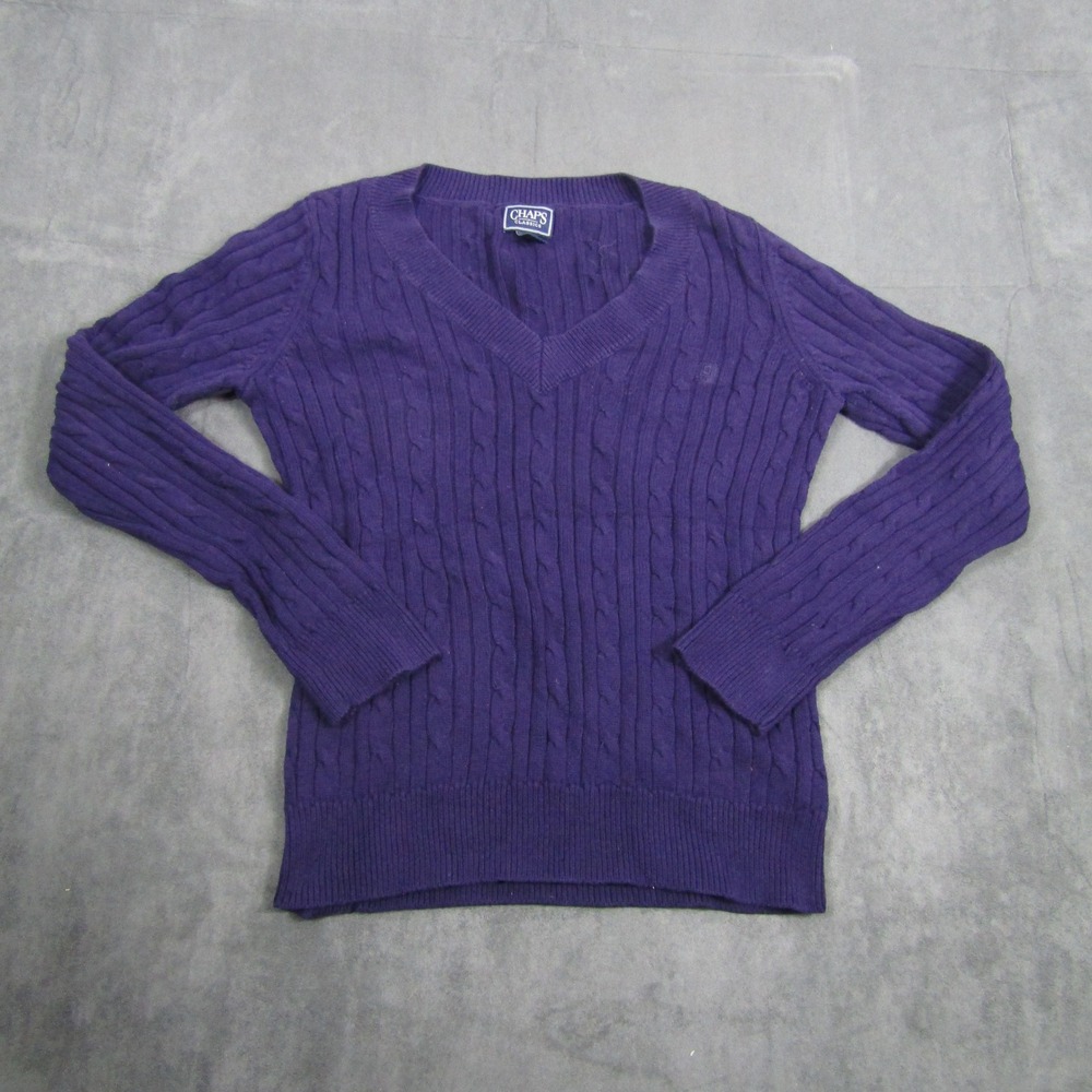 Chaps Sweater Women Large Purple Cable Knit V-Neck Cotton Pullover